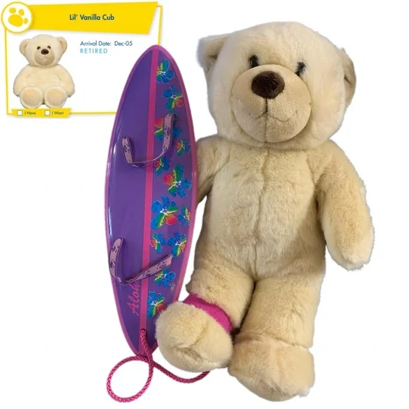 VTG 2005 Build-A-Bear “Lil' Vanilla Cub” with Purple Aloha Surfboard - Picture 1 of 4
